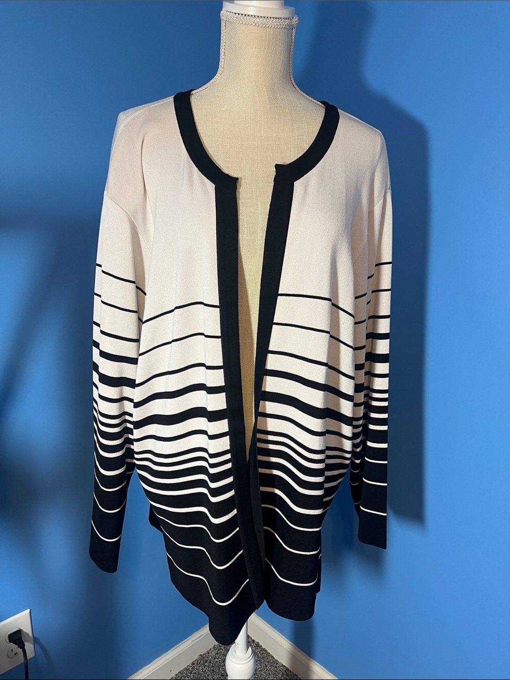 Women's Open-Front Striped Cardigan - Cream & Black, Size XL